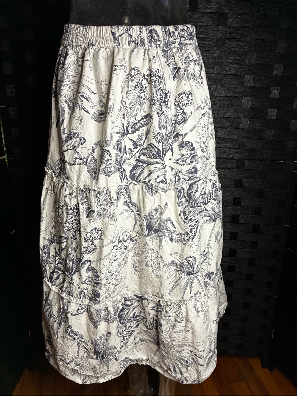Tiered Maxi Skirt in White with Navy Botanical Print